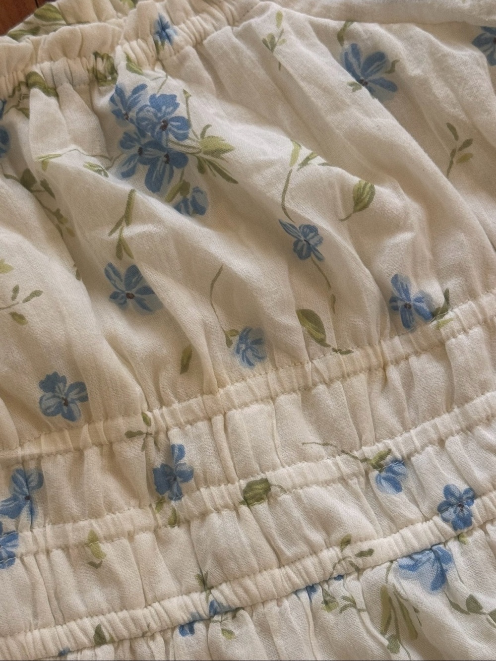 Cream Floral Puff-Sleeve BoHo flowery cottage core Dress with Blue Flowers - Picture 3 of 10